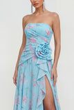 Strapless 3D Flower Ruched A Line Green Wedding Guest Dress