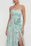 Strapless 3D Flower Ruched A Line Green Wedding Guest Dress