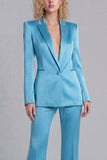 Peaked Lapel Satin Blue 2 Piece Single Buckle Women Suits