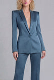 Peaked Lapel Satin Blue 2 Piece Single Buckle Women Suits