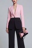Peaked Lapel Black Pink 2 Piece Single Buckle Colorblock Women Suits