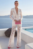 Peaked Lapel Burnout 2 Piece White Women Suits