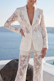 Peaked Lapel Burnout 2 Piece White Women Suits