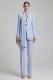 Shawl Lapel Blue 2 Piece Satin Single Buckle Women Suits