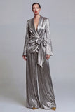 Metallic Shawl Lapel 2 Piece Grey Bowed Women Suits