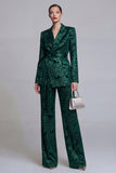 Jacquard Dark Green Notched Lapel 2 Piece Women Suits with Belt