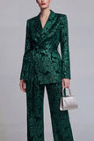 Jacquard Dark Green Notched Lapel 2 Piece Women Suits with Belt