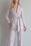 Jacquard Peaked Lapel 2 Piece Lilac Women Suits with Belt