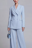 Blue 2 Piece Peaked Lapel Double Breasted Women Suits