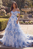 Off the Shoulder Blue Floral A Line Ruffled Prom Dress