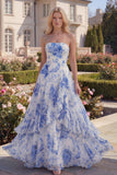 Strapless Ruffled Blue Floral A Line Maxi Prom Dress