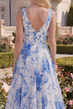 Blue Floral A Line V Neck Sleeveless Maxi Prom Dress