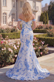 Blue Floral Off the Shoulder Mermaid Maxi Prom Dress