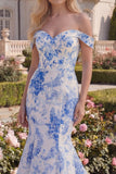 Blue Floral Off the Shoulder Mermaid Maxi Prom Dress
