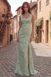 Corset Mermaid Ruched Dusty Sage Maxi Prom Dress with Pearls