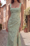 Corset Mermaid Ruched Dusty Sage Maxi Prom Dress with Pearls