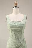Corset Mermaid Ruched Dusty Sage Maxi Prom Dress with Pearls