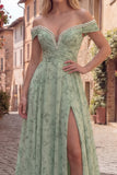 Off the Shoulder Ruched Dusty Sage A Line Prom Dress with Pearls