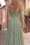 Off the Shoulder Ruched Dusty Sage A Line Prom Dress with Pearls