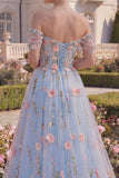 Blue Floral Off the Shoulder High Low Tulle Prom Dress