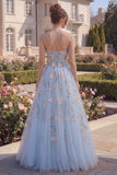 Strapless Floral Blue Corset A Line Tulle Prom Dress