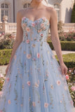 Strapless Floral Blue Corset A Line Tulle Prom Dress