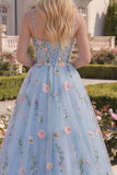 Floral Blue Corset A Line Appliqued Prom Dress