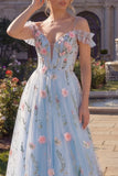 Cold Shoulder Floral Corset Blue A Line Prom Dress