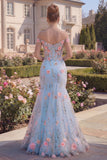Mermaid Off the Shoulder Floral Corset Blue Prom Dress
