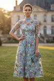 High Neck A Line Blue Floral Embroidered Mother of the Bride Dress