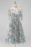 High Neck A Line Blue Floral Embroidered Mother of the Bride Dress