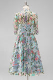 High Neck A Line Blue Floral Embroidered Mother of the Bride Dress