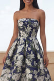 Floral Blue Strapless A Line Wedding Guest Dress