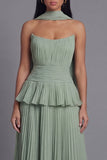 Strapless Ruffled A Line Pleated Dusty Sage Wedding Guest Dress