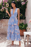 Tiered Halter Floral Blue Wedding Guest Dress with Bow