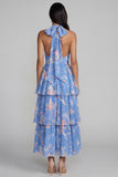 Tiered Halter Floral Blue Wedding Guest Dress with Bow
