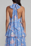 Tiered Halter Floral Blue Wedding Guest Dress with Bow