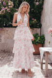 Tiered Halter Floral Blue Wedding Guest Dress with Bow