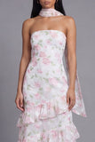 Floral Pink Strapless Wedding Guest Dress with Ruffles