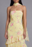 Floral Pink Strapless Wedding Guest Dress with Ruffles