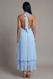 Halter Pleated Sky Blue A Line Backless Wedding Guest Dress