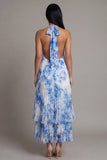 Halter Pleated Sky Blue A Line Backless Wedding Guest Dress