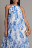 Halter Pleated Sky Blue A Line Backless Wedding Guest Dress