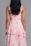 Tiered A Line Floral Pink V Neck Wedding Guest Dress