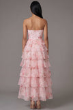 Tiered Strapless Floral Pink Wedding Guest Dress