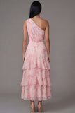One Shoulder Floral Pink Ruched A Line Wedding Guest Dress