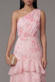 One Shoulder Floral Pink Ruched A Line Wedding Guest Dress