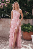 Floral Pink One Shoulder Tiered Wedding Guest Dress with Slit