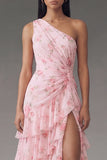 Floral Pink One Shoulder Tiered Wedding Guest Dress with Slit