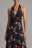 Halter Black Printed A Line Backless Wedding Guest Dress